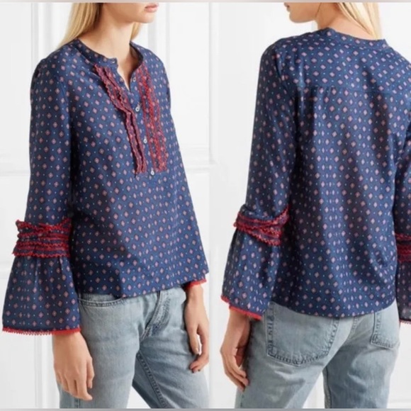 J.Crew Boho Blue  Bell Sleeve Ruffle Blouse - Picture 4 of 9